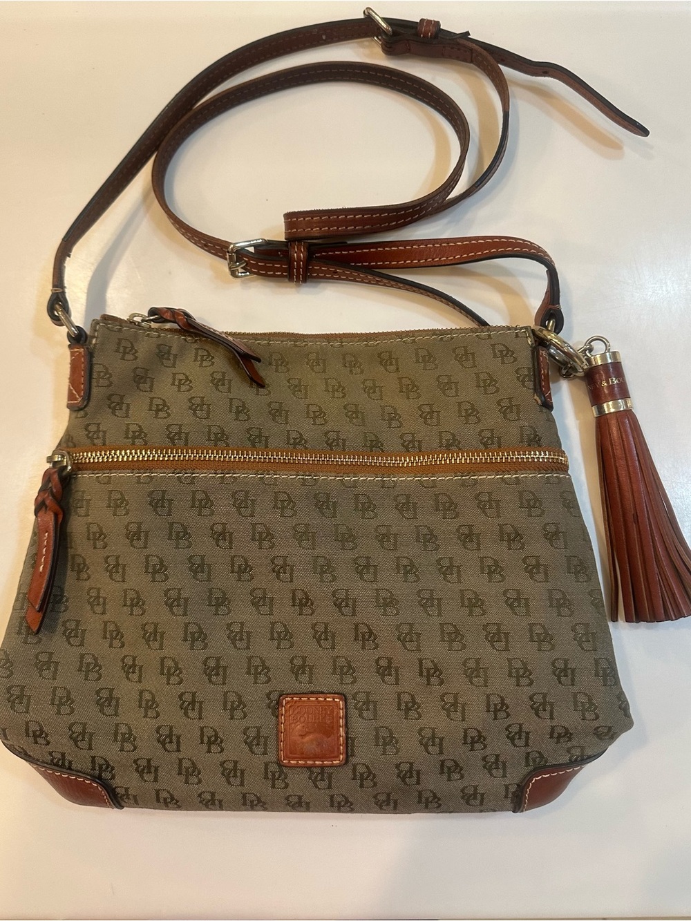 Dooney & Bourke Monogram Canvas Crossbody Bag Tassel Charm Brown/Khaki 10x10x4